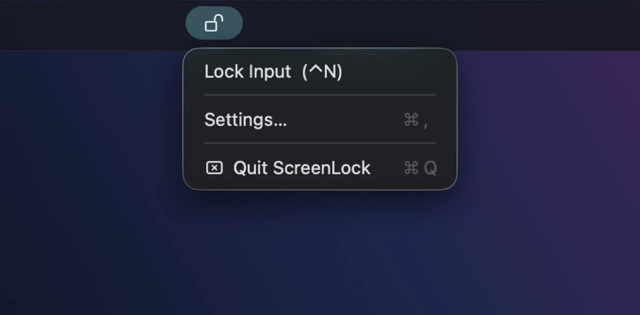 The ScreenLock menu open from the menu bar, with Lock Input, Settings and Quit